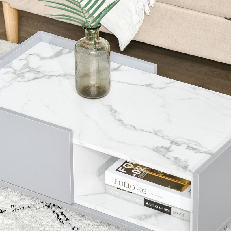 Modern Coffee Table with Marble Texture, Rectangular Sofaside Table with Drawer, Open Storage Compartment, Wood Legs for Living Room Shelf