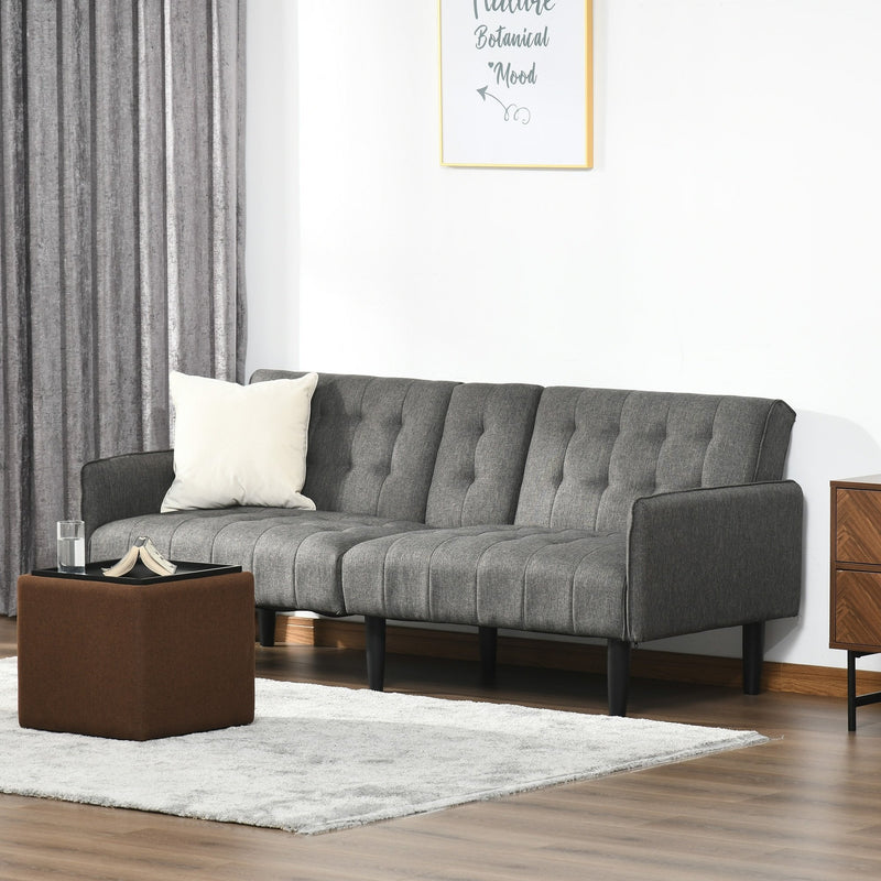 Upholstered Sofa bed 3 Seater Home Theater Linen-Touch Sleeper Futon Recliner with Storage Console & Cup Holders, Grey Armrest