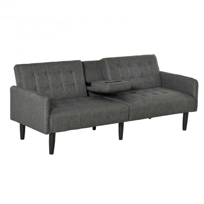 Upholstered Sofa bed 3 Seater Home Theater Linen-Touch Sleeper Futon Recliner with Storage Console & Cup Holders, Grey Armrest