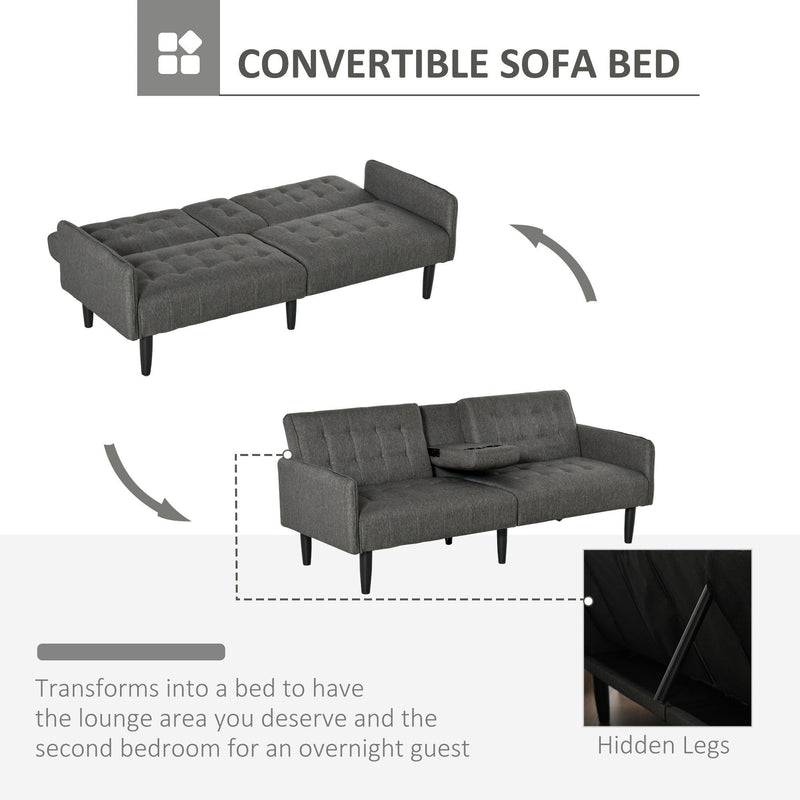 Upholstered Sofa bed 3 Seater Home Theater Linen-Touch Sleeper Futon Recliner with Storage Console & Cup Holders, Grey Armrest