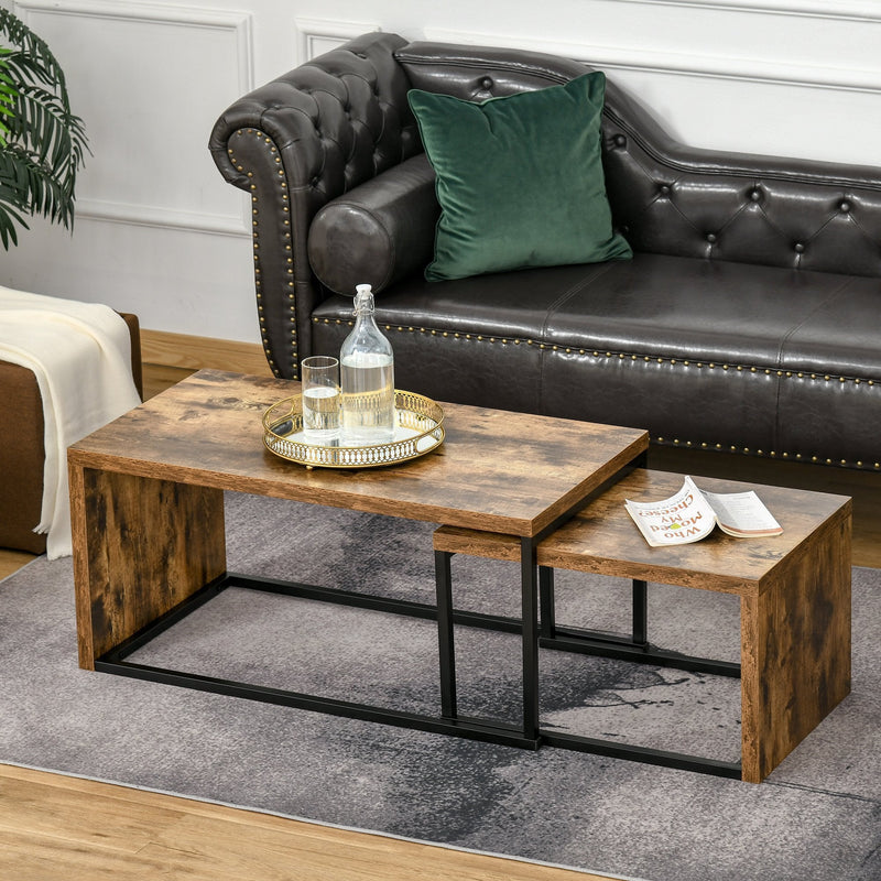 Set of 2 Coffee Tables Industrial Style Tea Table, Side Table w/ Metal Frame for Living Room Bedroom Black & Brown Tables