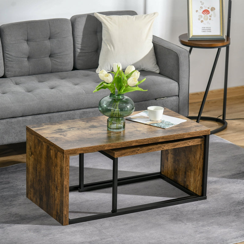 Set of 2 Coffee Tables Industrial Style Tea Table, Side Table w/ Metal Frame for Living Room Bedroom Black & Brown Tables