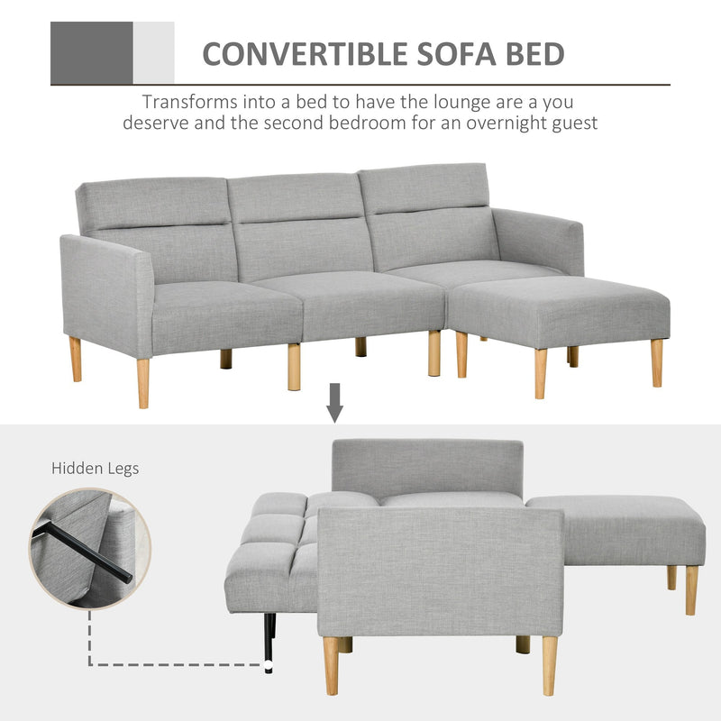 Upholstered Sofa bed Reversible Sectional Sofa Set linen-Touch Sleeper Futon with Footstool, Light Grey Footstool