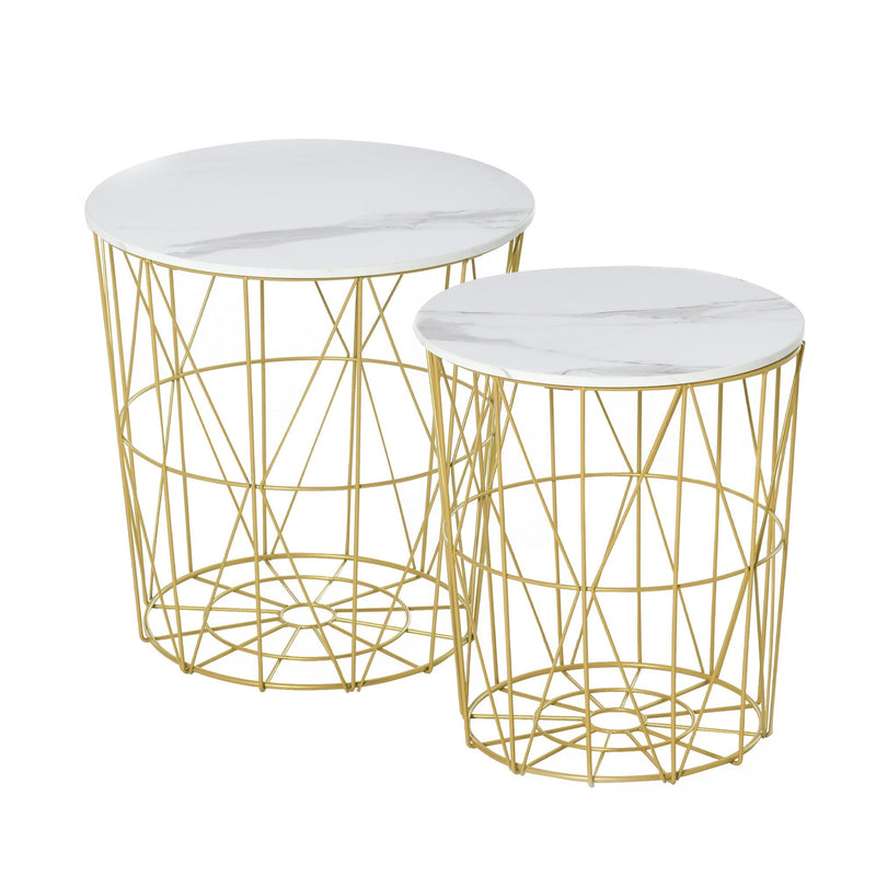 Set Of 2 Nesting Side Tables With Storage, Round End Tables Coffee Tables With Steel Frame And Removable Round Top, For Living Room, Bedroom, Office, White Basket