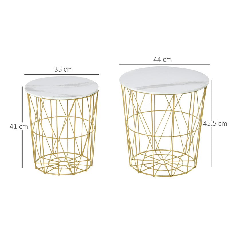 Set Of 2 Nesting Side Tables With Storage, Round End Tables Coffee Tables With Steel Frame And Removable Round Top, For Living Room, Bedroom, Office, White Basket