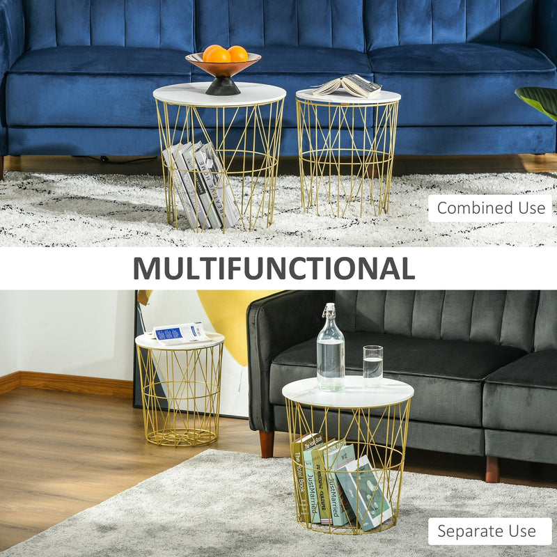 Set Of 2 Nesting Side Tables With Storage, Round End Tables Coffee Tables With Steel Frame And Removable Round Top, For Living Room, Bedroom, Office, White Basket