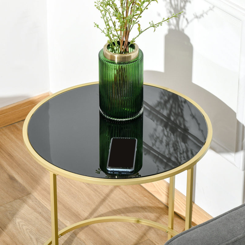 Round Side Table Morden Coffee Tables with Gold Metal Base, Table with Tempered Glass Tabletop, for Living Room, Bedroom, dining room w/ Bedroom
