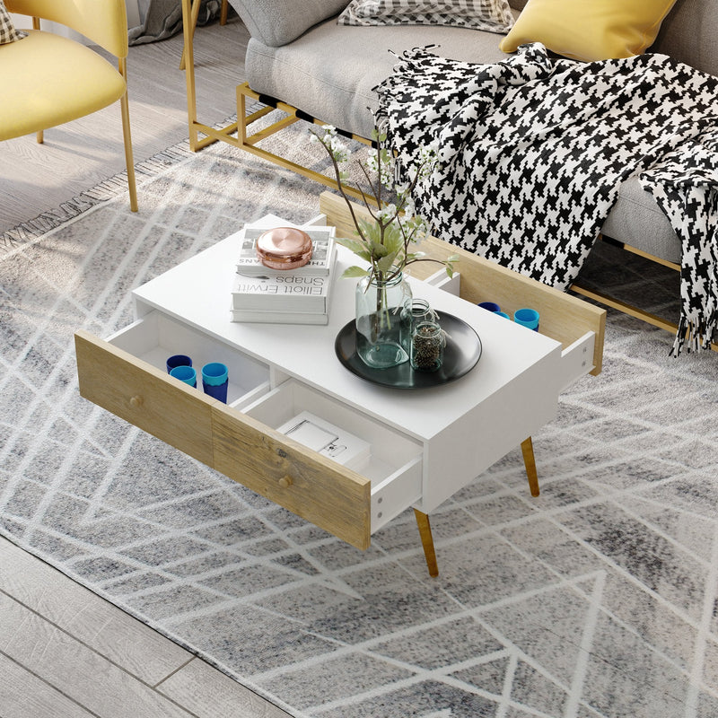 Coffee Table for Living Room, Office, Study Room, Reception Room, w/ 4 Storage Drawers, Sofa Table, Graceful Functional Table, Natural Wood TV