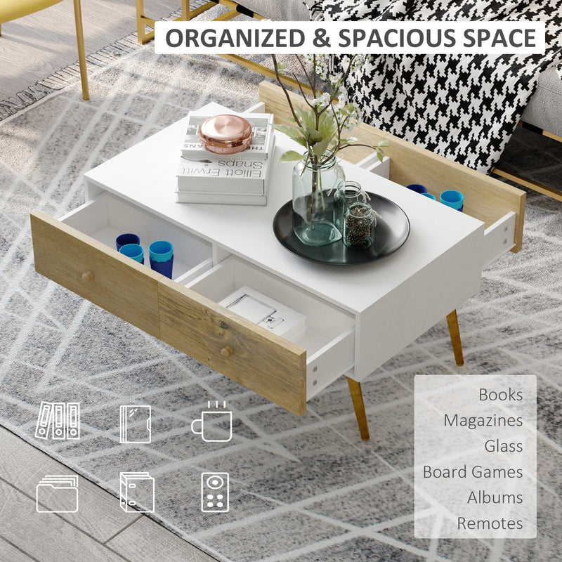 Coffee Table for Living Room, Office, Study Room, Reception Room, w/ 4 Storage Drawers, Sofa Table, Graceful Functional Table, Natural Wood TV