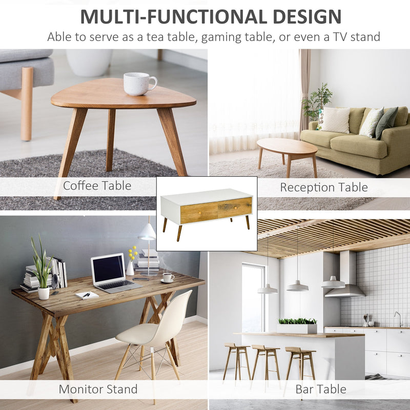 Coffee Table for Living Room, Office, Study Room, Reception Room, w/ 4 Storage Drawers, Sofa Table, Graceful Functional Table, Natural Wood TV