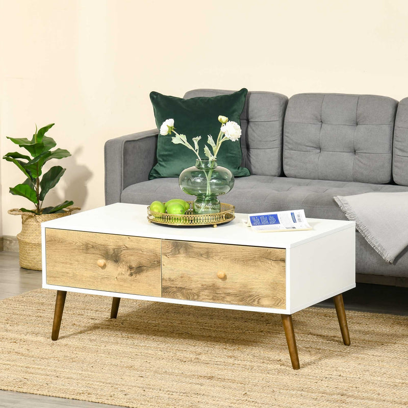 Coffee Table for Living Room, Office, Study Room, Reception Room, w/ 4 Storage Drawers, Sofa Table, Graceful Functional Table, Natural Wood TV
