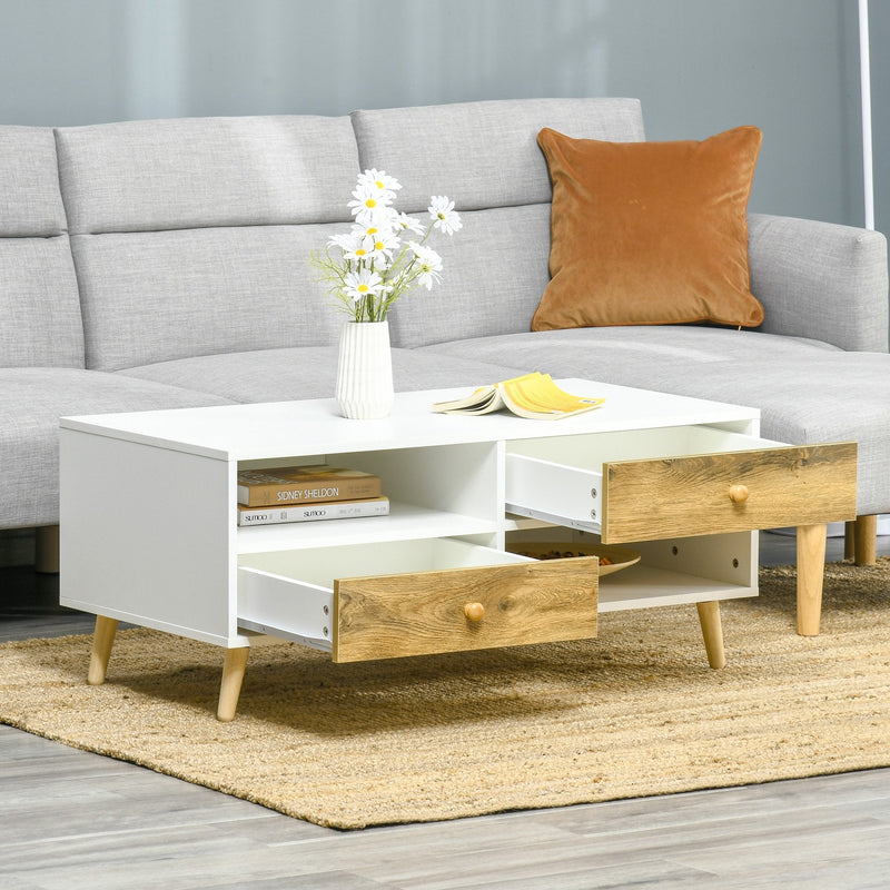 Coffee Table Rectangular End Table Side Table with 2 Drawers and 2 Shelves for Living Room, Bedroom, Office, White and Brown Linving Room w/ Shelves, Brown