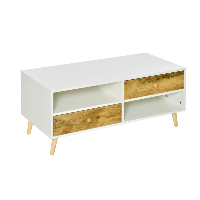 Coffee Table Rectangular End Table Side Table with 2 Drawers and 2 Shelves for Living Room, Bedroom, Office, White and Brown Linving Room w/ Shelves, Brown