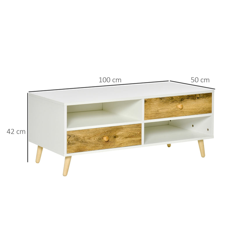 Coffee Table Rectangular End Table Side Table with 2 Drawers and 2 Shelves for Living Room, Bedroom, Office, White and Brown Linving Room w/ Shelves, Brown