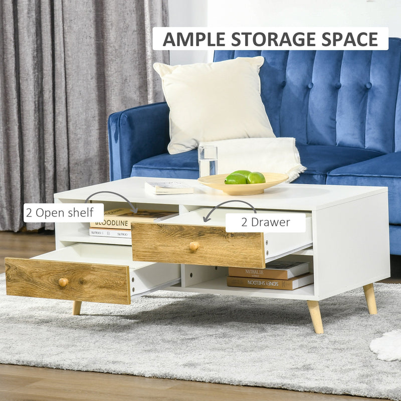 Coffee Table Rectangular End Table Side Table with 2 Drawers and 2 Shelves for Living Room, Bedroom, Office, White and Brown Linving Room w/ Shelves, Brown