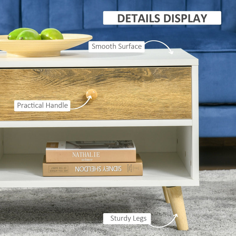 Coffee Table Rectangular End Table Side Table with 2 Drawers and 2 Shelves for Living Room, Bedroom, Office, White and Brown Linving Room w/ Shelves, Brown