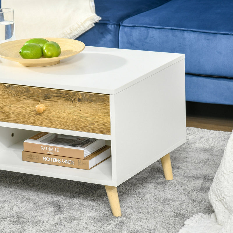 Coffee Table Rectangular End Table Side Table with 2 Drawers and 2 Shelves for Living Room, Bedroom, Office, White and Brown Linving Room w/ Shelves, Brown