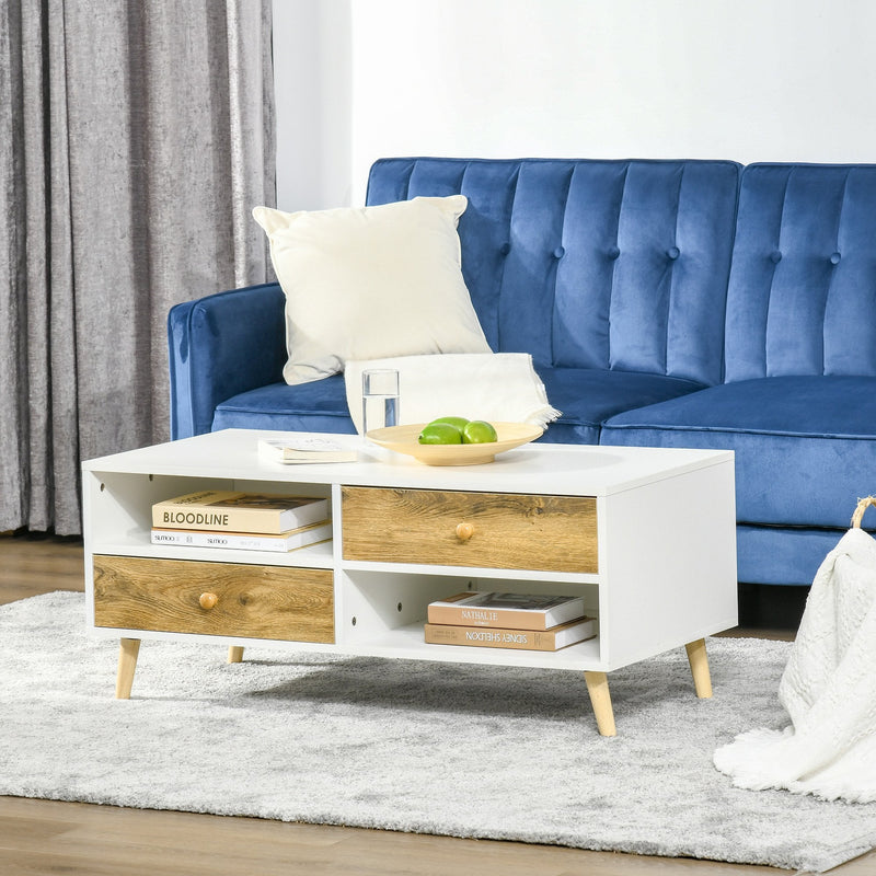Coffee Table Rectangular End Table Side Table with 2 Drawers and 2 Shelves for Living Room, Bedroom, Office, White and Brown Linving Room w/ Shelves, Brown