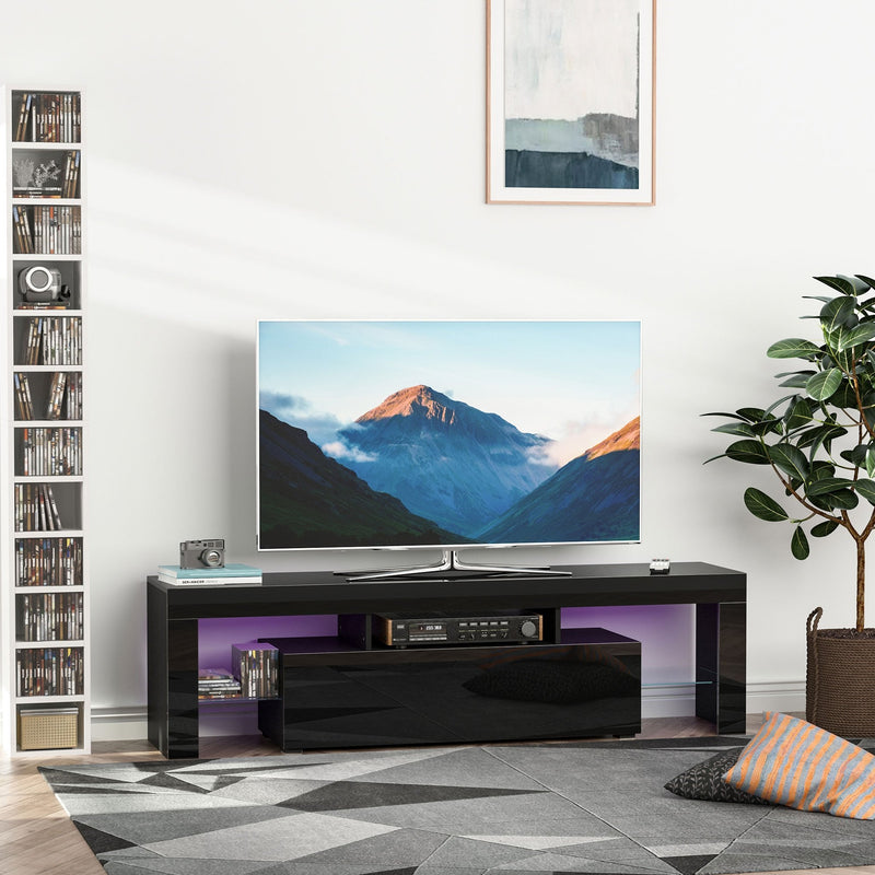 High Gloss TV Stand Cabinet with LED RGB Lights and Remote Control for TVs up to 65"", Media TV Console Table with Storage Compartment - Black