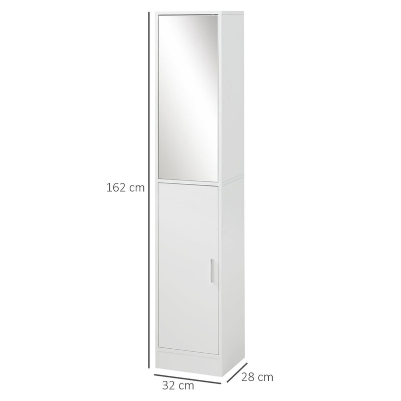 kleankin Tall Mirrored Bathroom Cabinet, Bathroom Storage Cupboard, Floor Standing Tallboy Unit with Adjustable Shelf, White w/Adjustable Shelf