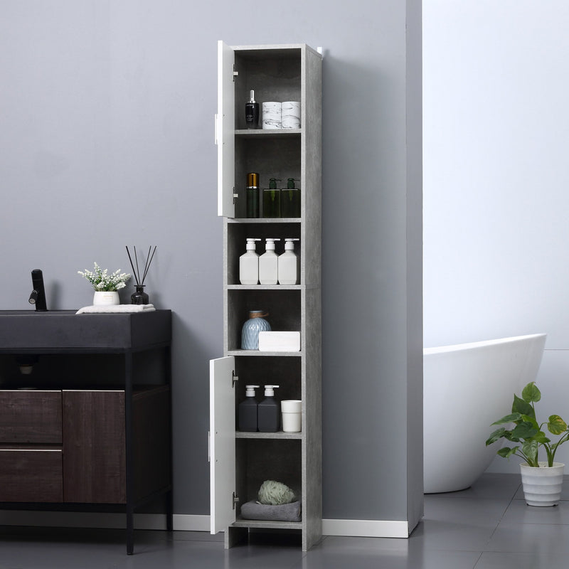 Kleankin Free-standing Tall Bathroom Storage Cabinet w/ 2 Cupboards 2 Open Compartments, Slim Bathroom Organizer Adjustable Shelves Elevated Base for Living Room, Grey Cupboard Shelving Doors & 6