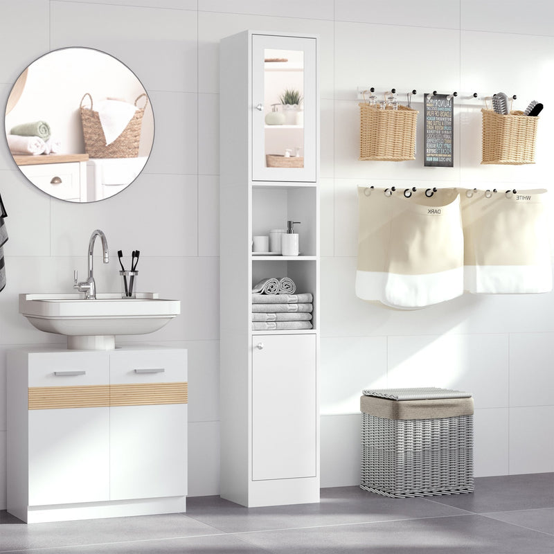 Tall Bathroom Storage Cabinet with Mirror, Freestanding Floor Cabinet Tallboy Unit with Adjustable Shelves, White and