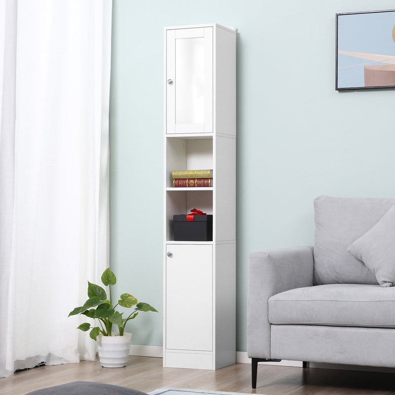 Tall Bathroom Storage Cabinet with Mirror, Freestanding Floor Cabinet Tallboy Unit with Adjustable Shelves, White and