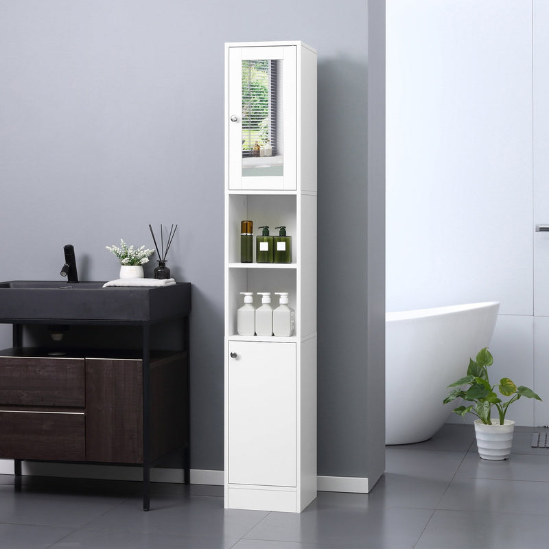 Tall Bathroom Storage Cabinet with Mirror, Freestanding Floor Cabinet Tallboy Unit with Adjustable Shelves, White and