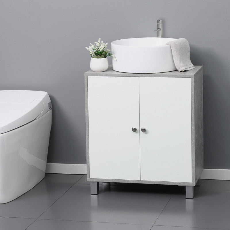 kleankin Under Sink Cabinet, Bathroom Vanity Unit, Pedestal Under Sink Design, Storage Cupboard with Adjustable Shelves, White and Grey Double Door
