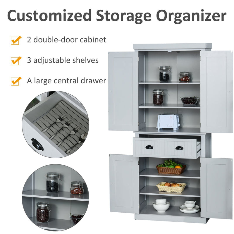 Freestanding Kitchen Storage Cabinet w/ 2 Drawers 2 Cupboards Adjustable Shelves Anti-Tilt Safety Elegant Traditional Design, 183H x 76.2W x 40.2Dcm, Grey