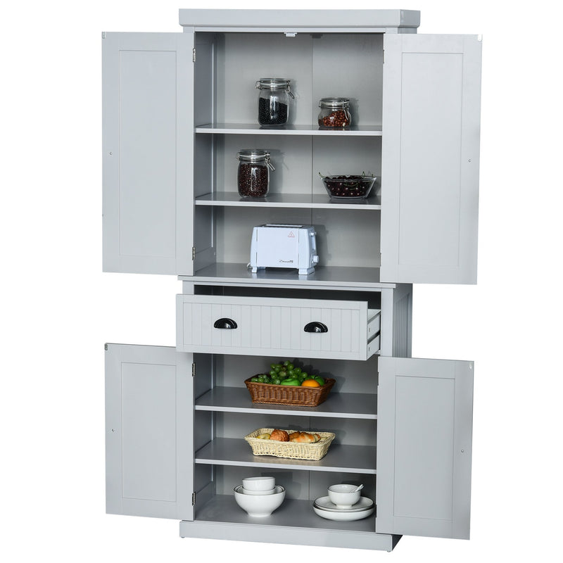 Freestanding Kitchen Storage Cabinet w/ 2 Drawers 2 Cupboards Adjustable Shelves Anti-Tilt Safety Elegant Traditional Design, 183H x 76.2W x 40.2Dcm, Grey