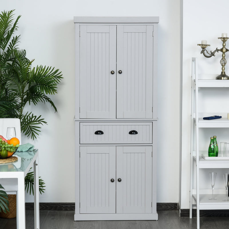 Freestanding Kitchen Storage Cabinet w/ 2 Drawers 2 Cupboards Adjustable Shelves Anti-Tilt Safety Elegant Traditional Design, 183H x 76.2W x 40.2Dcm, Grey
