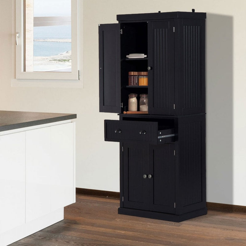 MDF Storage Cabinet Freestanding Tall Kitchen Cabinet Cupboard Drawer Kitchen Pantry Home Organizer Furniture, 183H x 76.2W x 40.2Dcm, Black