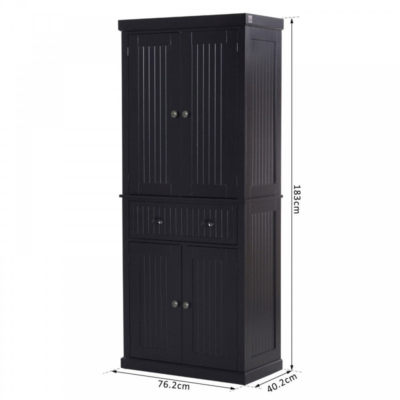 MDF Storage Cabinet Freestanding Tall Kitchen Cabinet Cupboard Drawer Kitchen Pantry Home Organizer Furniture, 183H x 76.2W x 40.2Dcm, Black