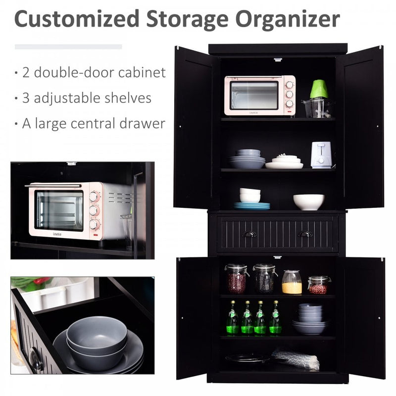 MDF Storage Cabinet Freestanding Tall Kitchen Cabinet Cupboard Drawer Kitchen Pantry Home Organizer Furniture, 183H x 76.2W x 40.2Dcm, Black