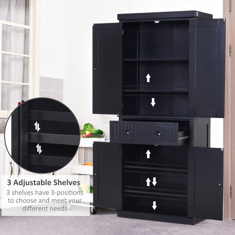 MDF Storage Cabinet Freestanding Tall Kitchen Cabinet Cupboard Drawer Kitchen Pantry Home Organizer Furniture, 183H x 76.2W x 40.2Dcm, Black