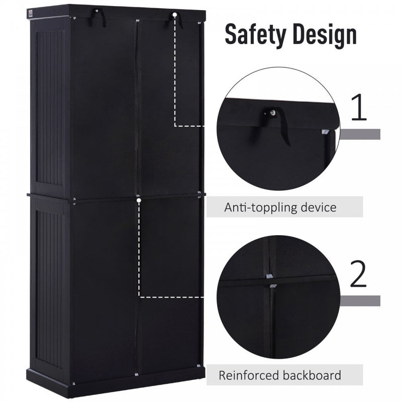 MDF Storage Cabinet Freestanding Tall Kitchen Cabinet Cupboard Drawer Kitchen Pantry Home Organizer Furniture, 183H x 76.2W x 40.2Dcm, Black