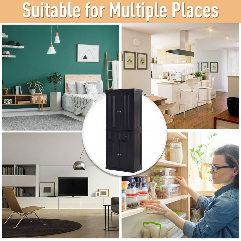 MDF Storage Cabinet Freestanding Tall Kitchen Cabinet Cupboard Drawer Kitchen Pantry Home Organizer Furniture, 183H x 76.2W x 40.2Dcm, Black