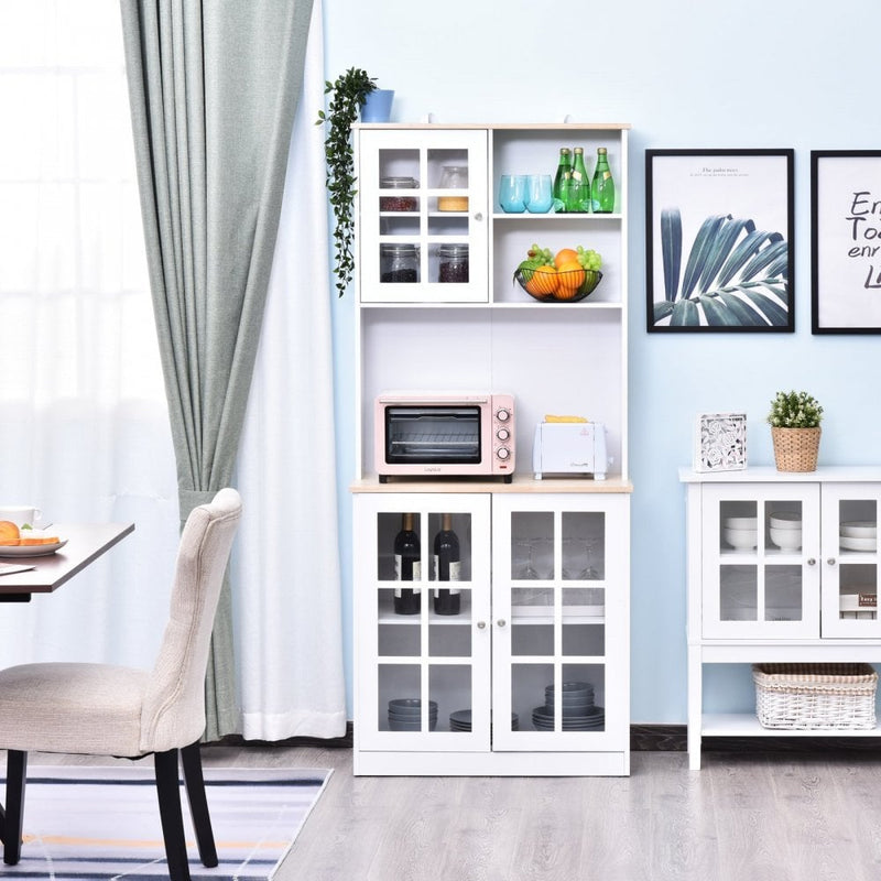 Home Sideboard Storage Cabinet Unit w/ Countertop Grid Glass Doors - White