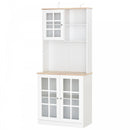 Home Sideboard Storage Cabinet Unit w/ Countertop Grid Glass Doors - White