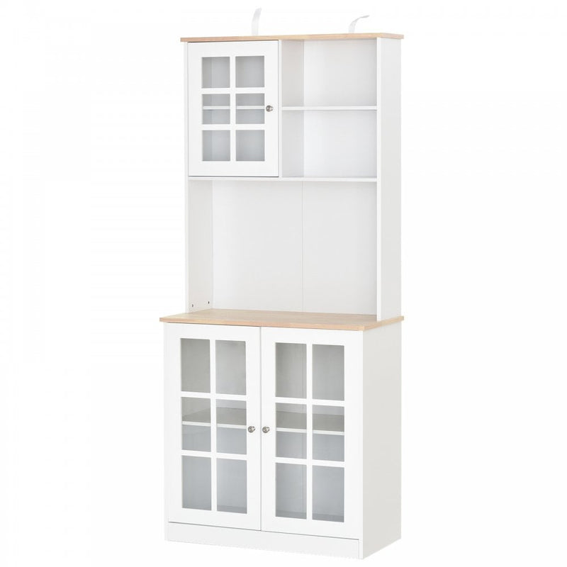 Home Sideboard Storage Cabinet Unit w/ Countertop Grid Glass Doors - White