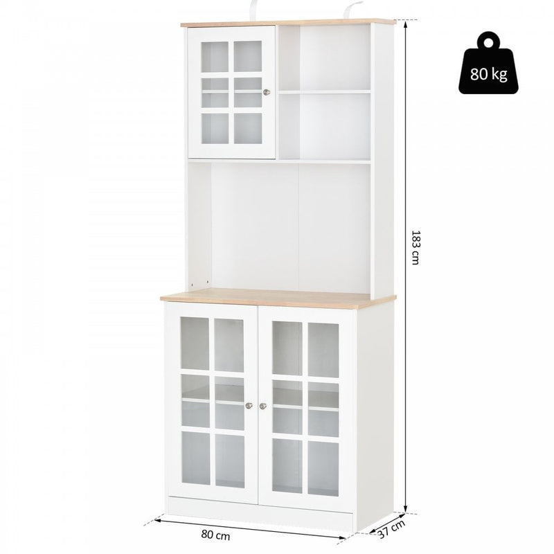 Home Sideboard Storage Cabinet Unit w/ Countertop Grid Glass Doors - White