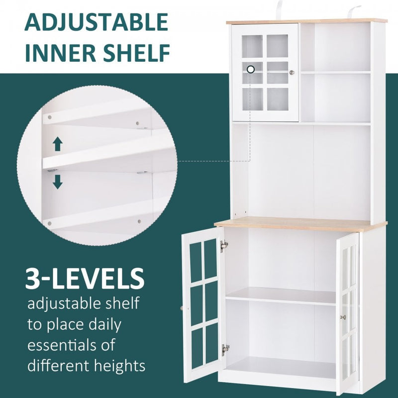 Home Sideboard Storage Cabinet Unit w/ Countertop Grid Glass Doors - White