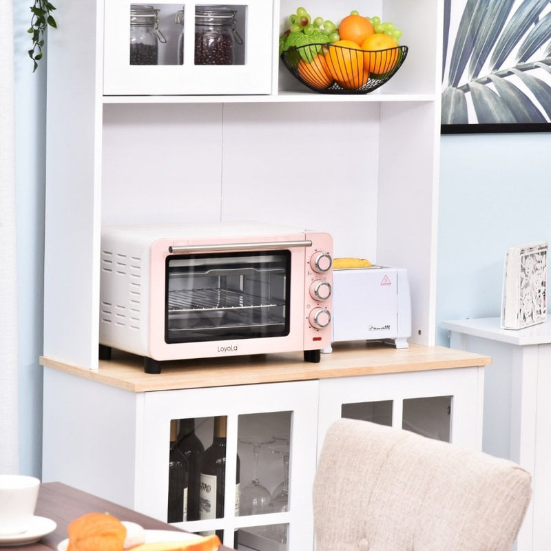 Home Sideboard Storage Cabinet Unit w/ Countertop Grid Glass Doors - White