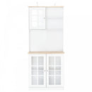 Home Sideboard Storage Cabinet Unit w/ Countertop Grid Glass Doors - White