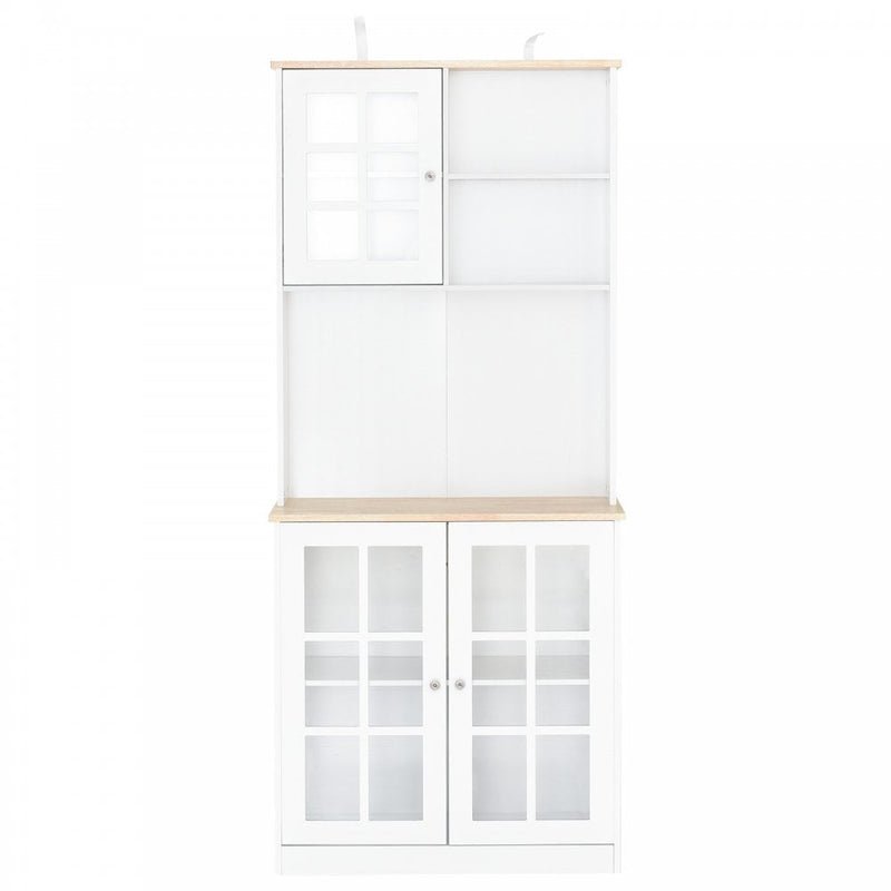Home Sideboard Storage Cabinet Unit w/ Countertop Grid Glass Doors - White
