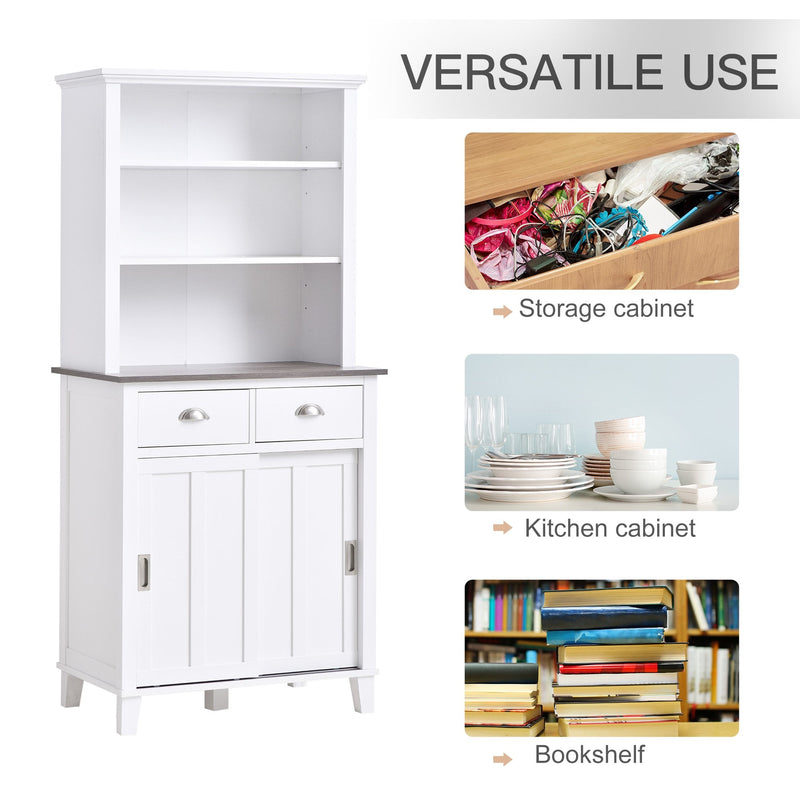 Freestanding Kitchen Pantry Cabinet Cupboard with Sliding Doors and Open Shelves, Adjustable Shelving, Modern Hallway Display Case, Counter Storage Cainet Centerpiece Unit,76Wx 48D x 169Hcm, White