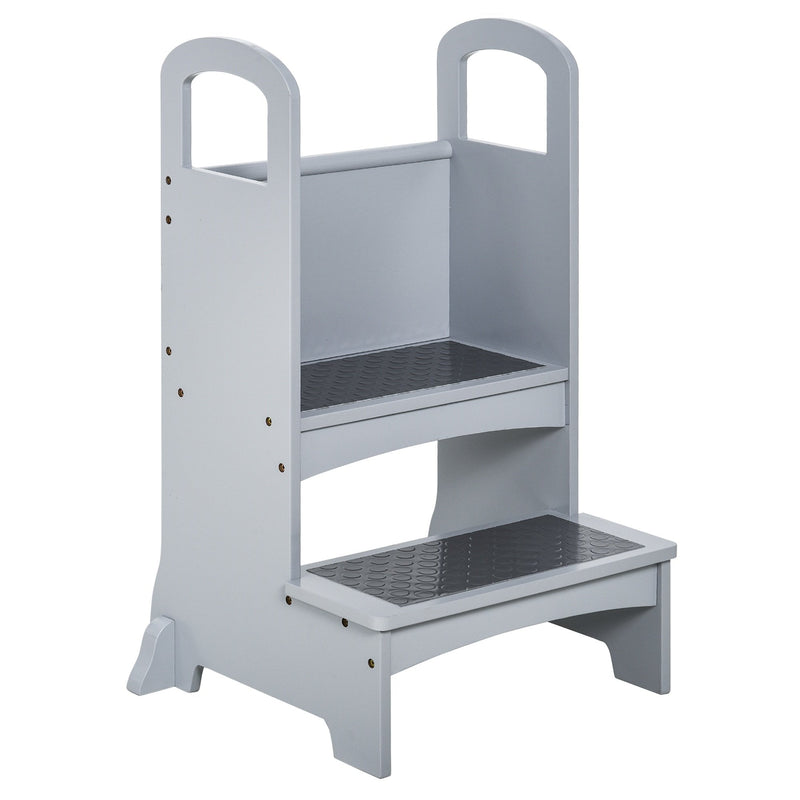 Kitchen Helper for Children Step Stool with 2 Steps, Support Handles and Non-Slip - Grey