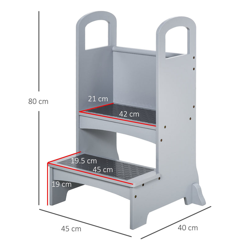 Kitchen Helper for Children Step Stool with 2 Steps, Support Handles and Non-Slip - Grey