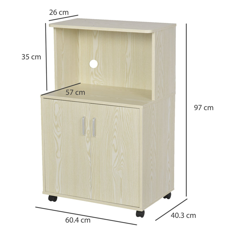Particle Board Kitchen Pantry Cupboard Kitchen Microwave Cabinet W/Rolling Wheels, 97H x 60.4W x 40.3Dcm, Oak
